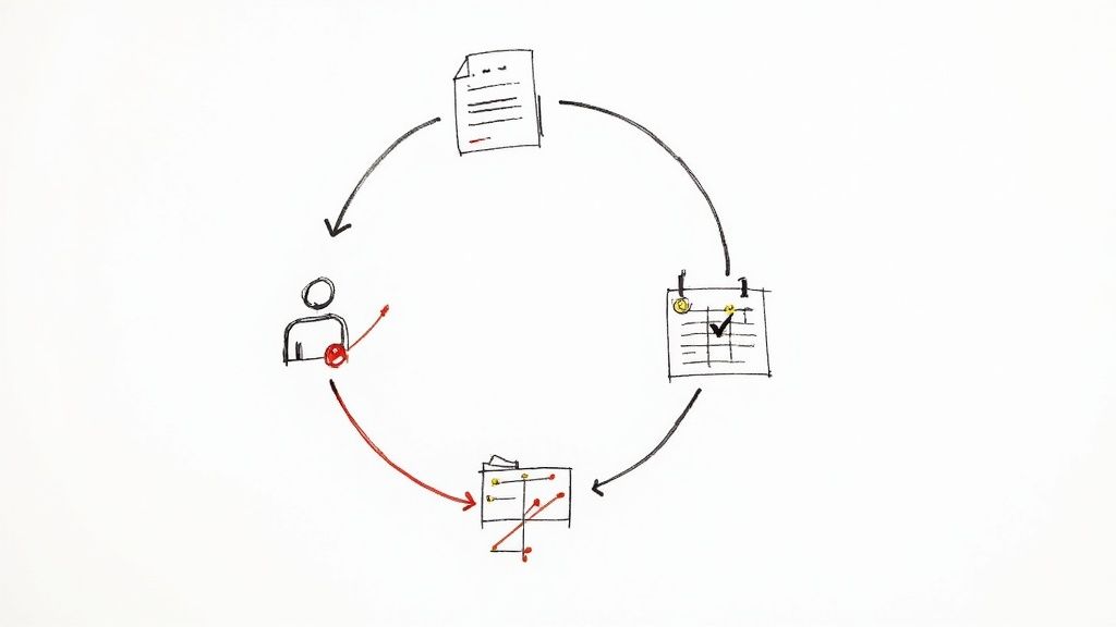 A diverse team of professionals looking at a laptop screen, reviewing meeting follow--up notes.