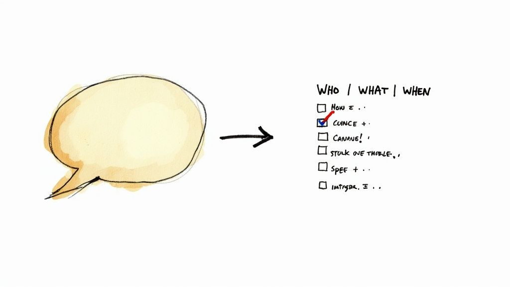 A hand writing a clear action item on a notepad during a meeting.