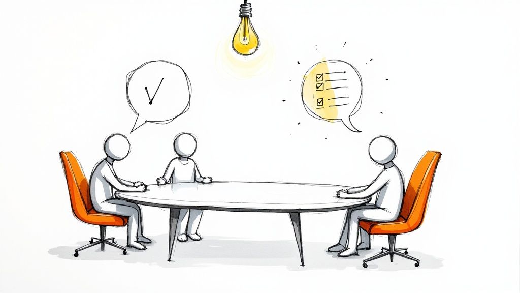 A team collaborating in a meeting room, pointing at a whiteboard with sticky notes.