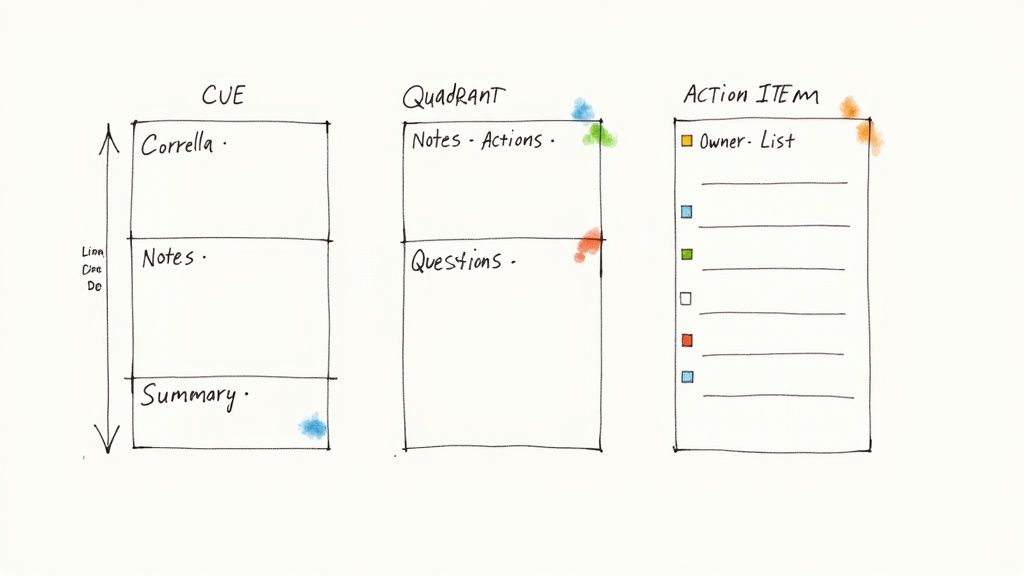 A close-up shot of a person's hands neatly organizing their meeting notes in a notebook laid out on a wooden table, with a laptop and coffee cup nearby.