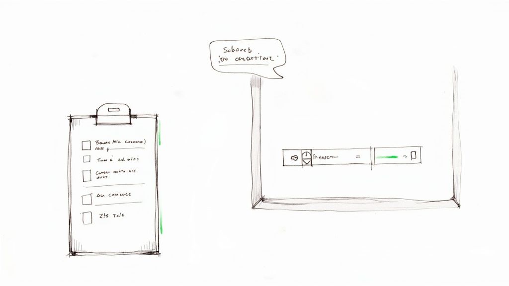 A person at a desk reviewing a checklist on a digital tablet before a virtual meeting, symbolizing preparation for recording a Teams meeting.