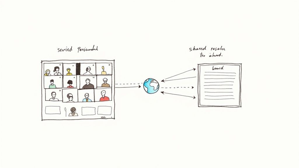 A diverse group of remote and in-office team members collaborating via video conference on a large screen.