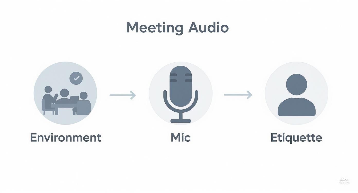 Infographic showing the process for capturing high-quality meeting audio with icons for Environment, Mic, and Etiquette.