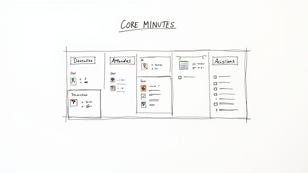 A person's hands organizing papers with key meeting components like agenda and decisions highlighted.