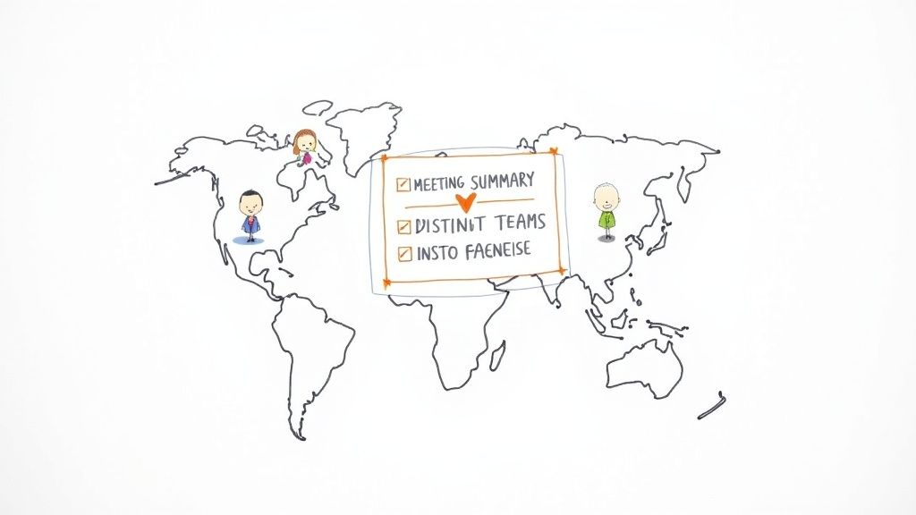 A team collaborating around a laptop, highlighting the importance of clear communication and meeting summaries.