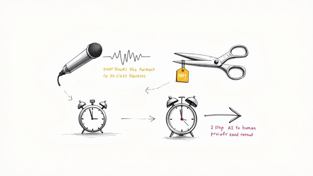 A person typing on a laptop, deciding which transcription service to use.