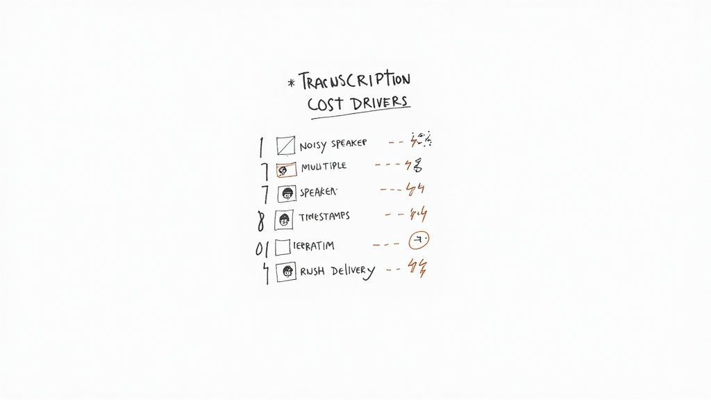 A person using a calculator to figure out transcription service costs on a laptop.