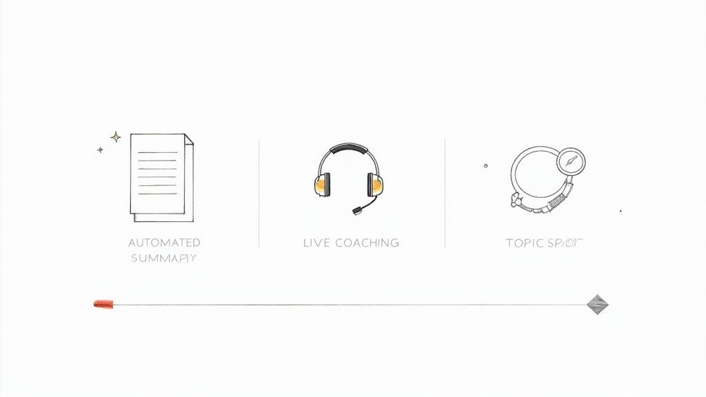 A team collaborating around a table with charts and graphs, representing conversation intelligence features and metrics.