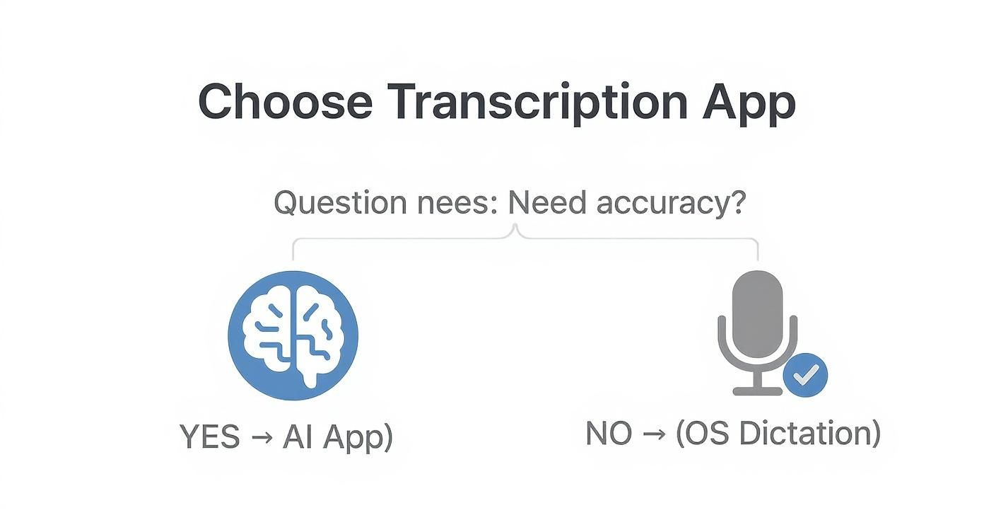 Infographic decision tree asking if you need high accuracy to decide between an AI transcription app or using built-in iOS dictation.