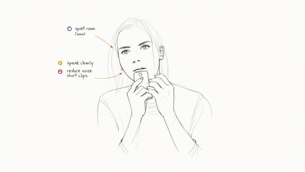 A person speaking clearly into their iPhone's microphone in a quiet room, optimizing audio quality for transcription.