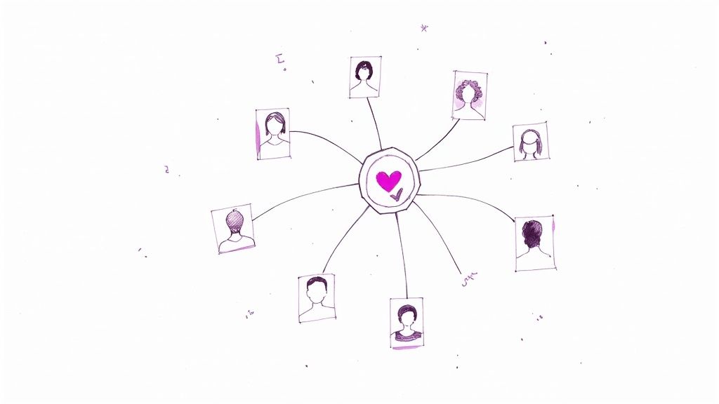 Network diagram showing profile avatars connected to a central heart icon representing community engagement