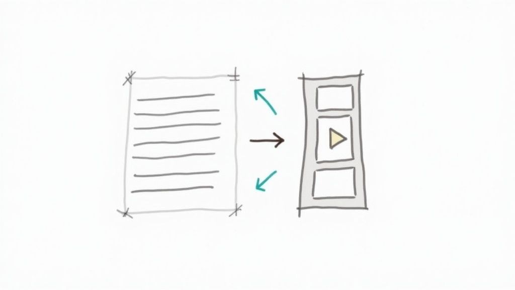 Sketch showing content transformation from text document to mobile video format with arrows indicating repurposing process