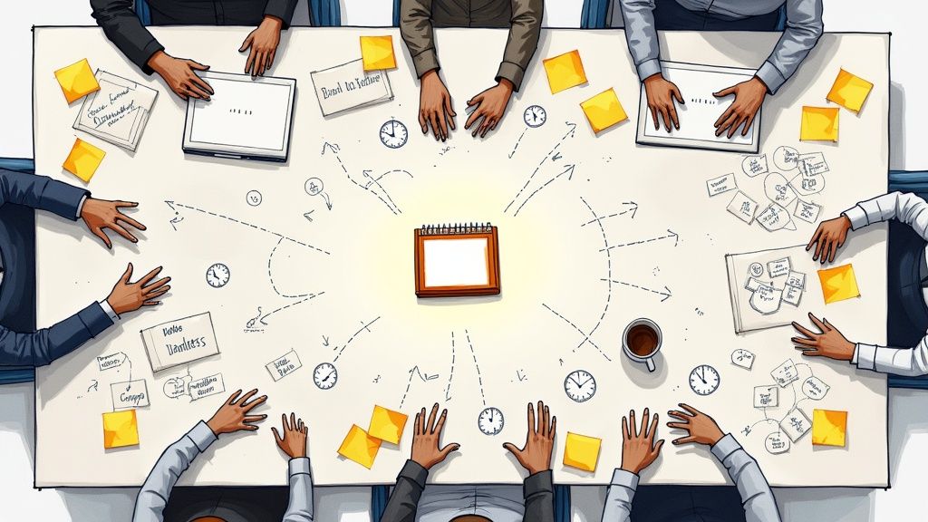 Overhead view of business team collaborating around table with documents, sticky notes, and calendar