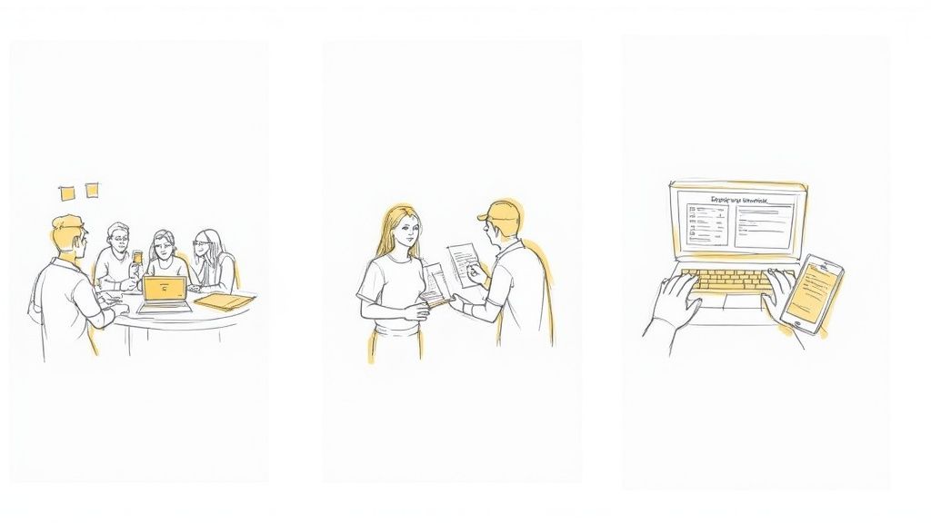 Three illustrations showing collaborative work: team meeting, document sharing, and digital note-taking on laptop