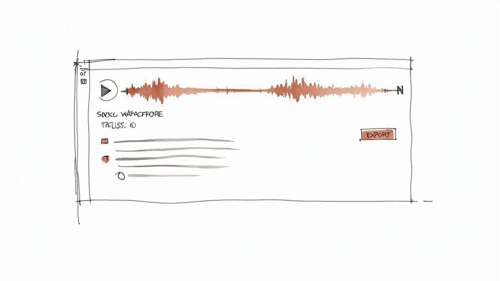 Audio editing software interface displaying waveform with play button and export option for transcription