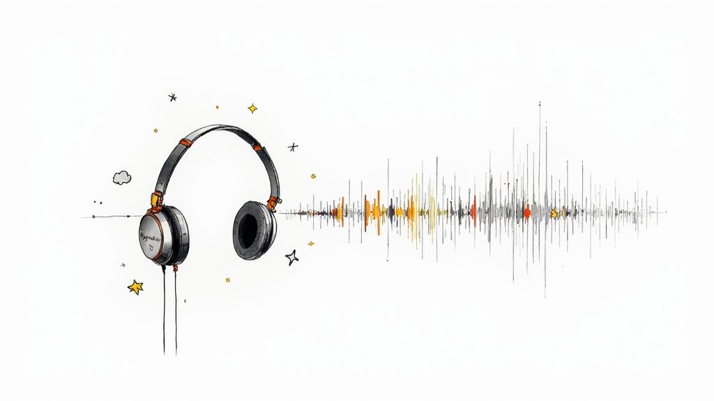 Headphones with sound wave visualization representing audio transcription and conversion process