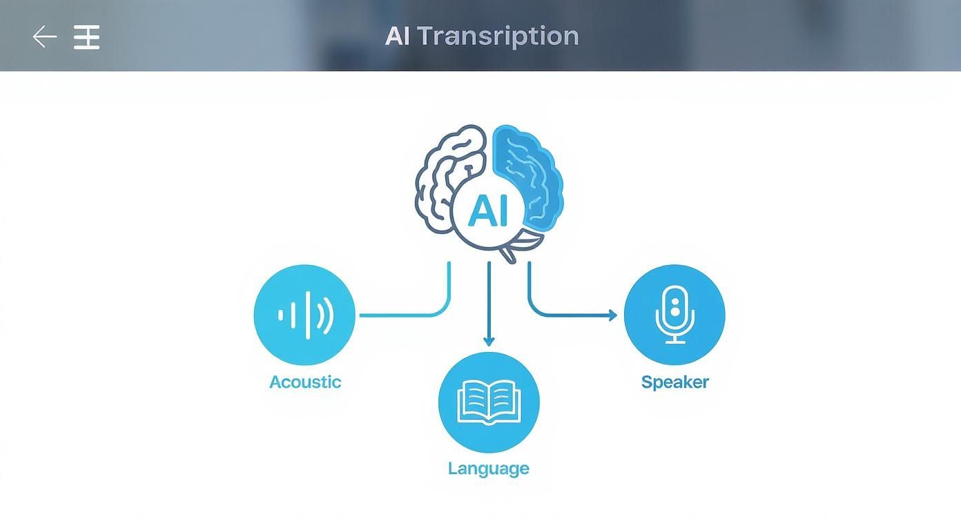 AI transcription system diagram showing acoustic input, speaker identification, and language processing workflow