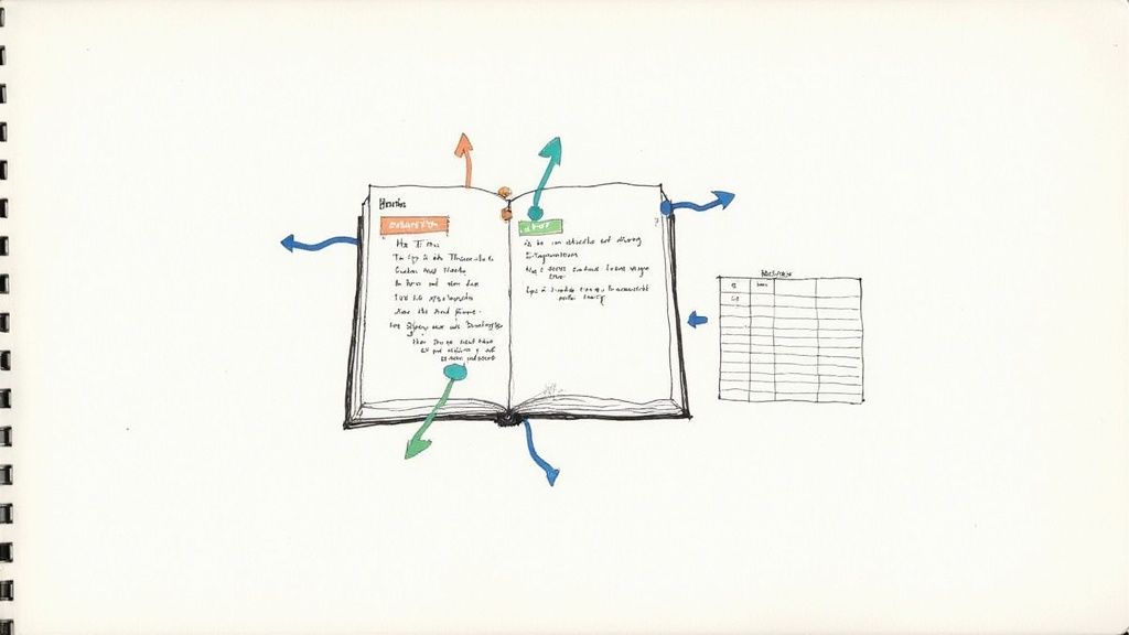 Hand-drawn diagram showing qualitative data analysis workflow with open notebook, colored arrows, and data table