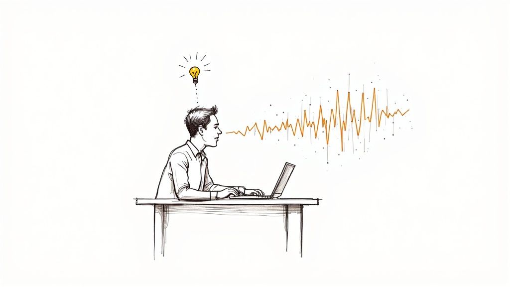 Writer using laptop with speech recognition waveform visualization and lightbulb idea above head