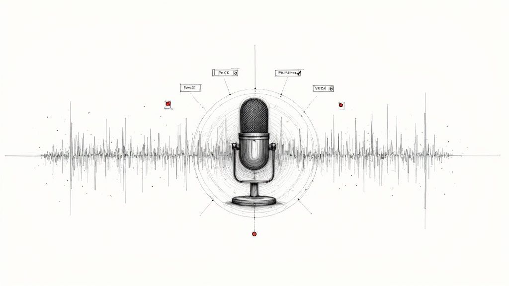 Vintage microphone with audio waveform and technical interface elements representing voice recording technology