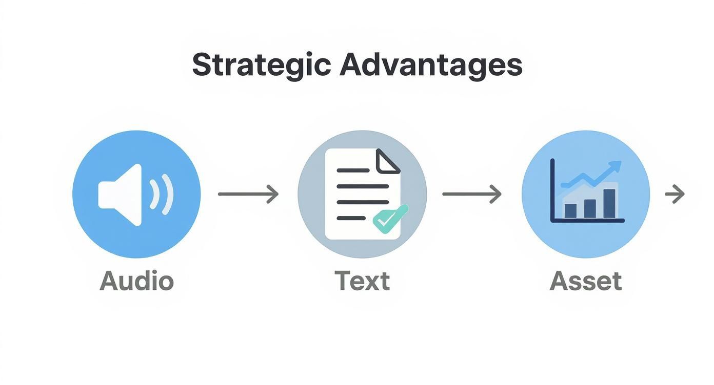 Flowchart illustrating the strategic advantages of converting audio into text, then transforming it into a valuable asset.