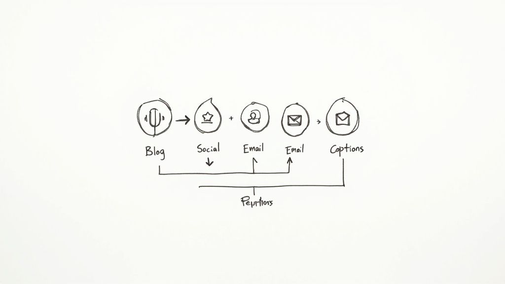 Hand-drawn diagram illustrating the repurposing of blog content into social media, email, and captions.