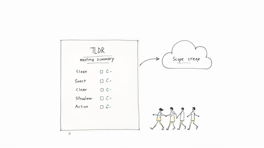 A meeting summary document with checklist items pointing to 'Scope creep' in a cloud, with three walking figures.
