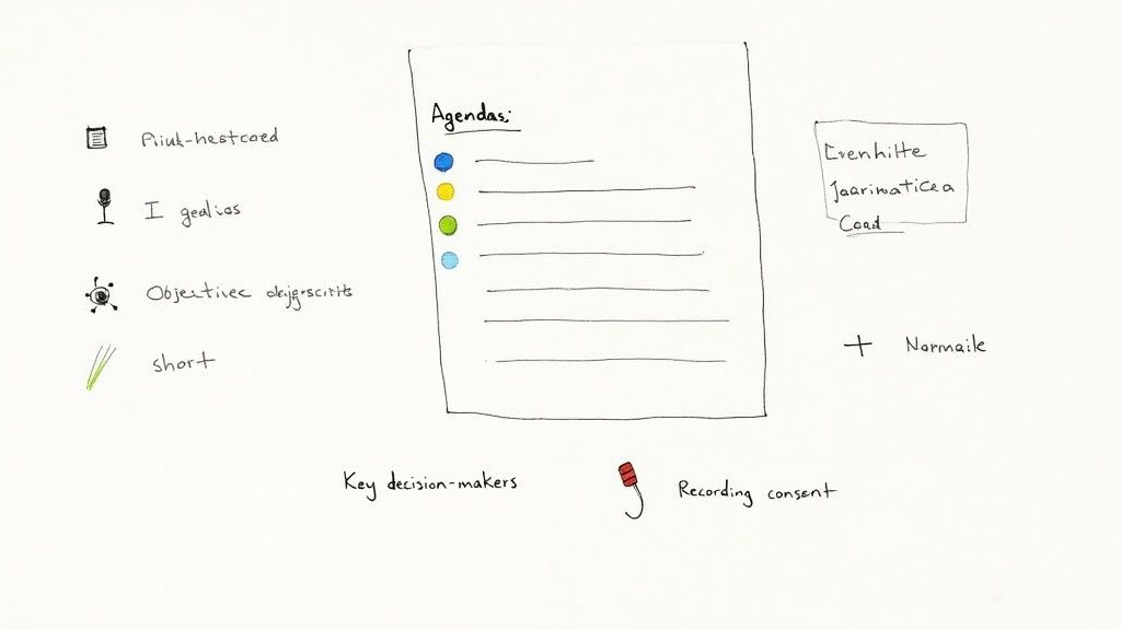 Handwritten sketch outlining a meeting agenda with bullet points, objectives, key decision-makers, and recording consent.