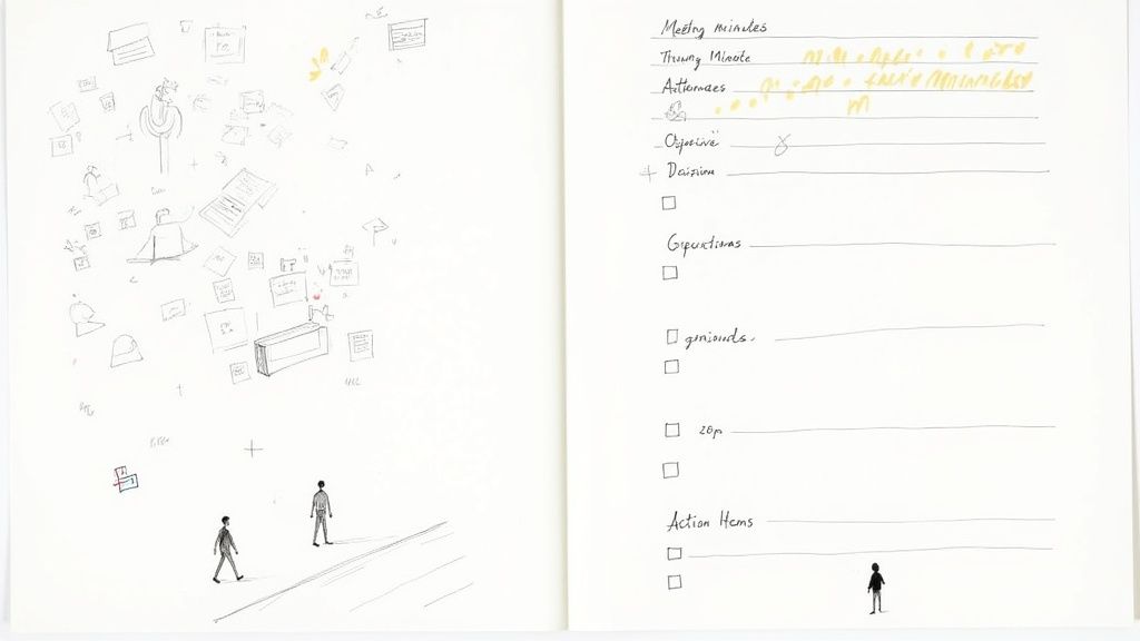 Hand-drawn sketches and diagrams on one page, and meeting minutes with handwritten notes on the other.