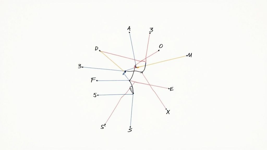 A complex diagram with colorful lines connecting various labeled points on a clean white background, depicting a network.
