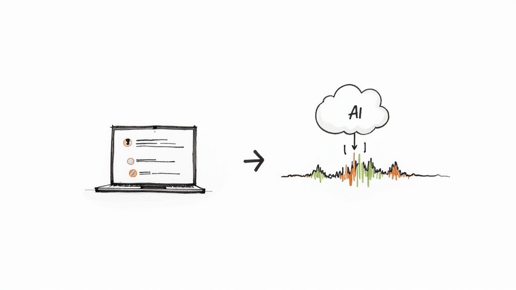 A hand-drawn illustration shows a laptop sending data to an AI cloud, which processes a sound wave.