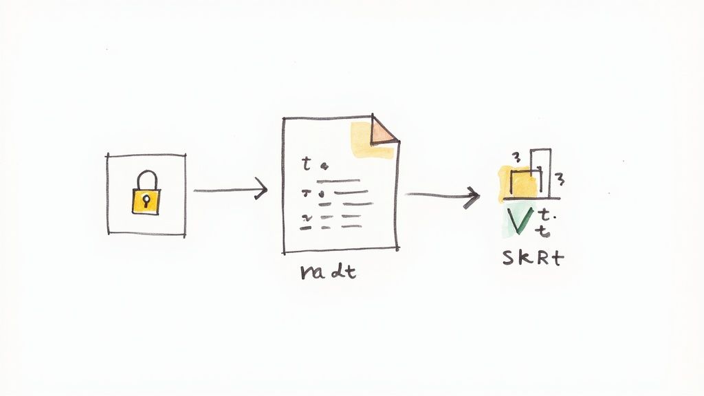 A diagram illustrating a data processing flow from a locked input, through a document, to an analyzed output.