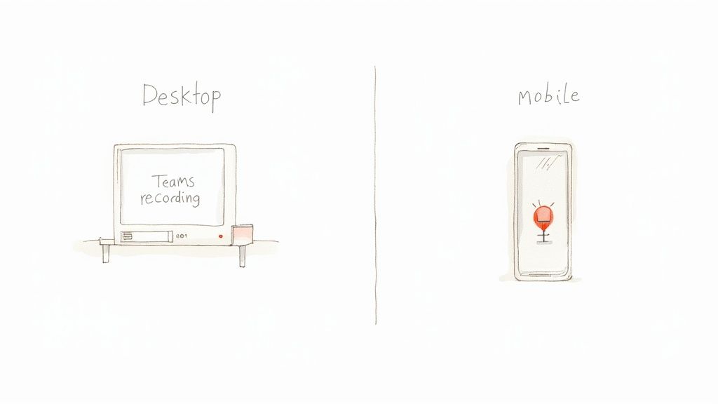 An illustration showing a desktop computer recording a Teams meeting and a mobile phone with a microphone icon.