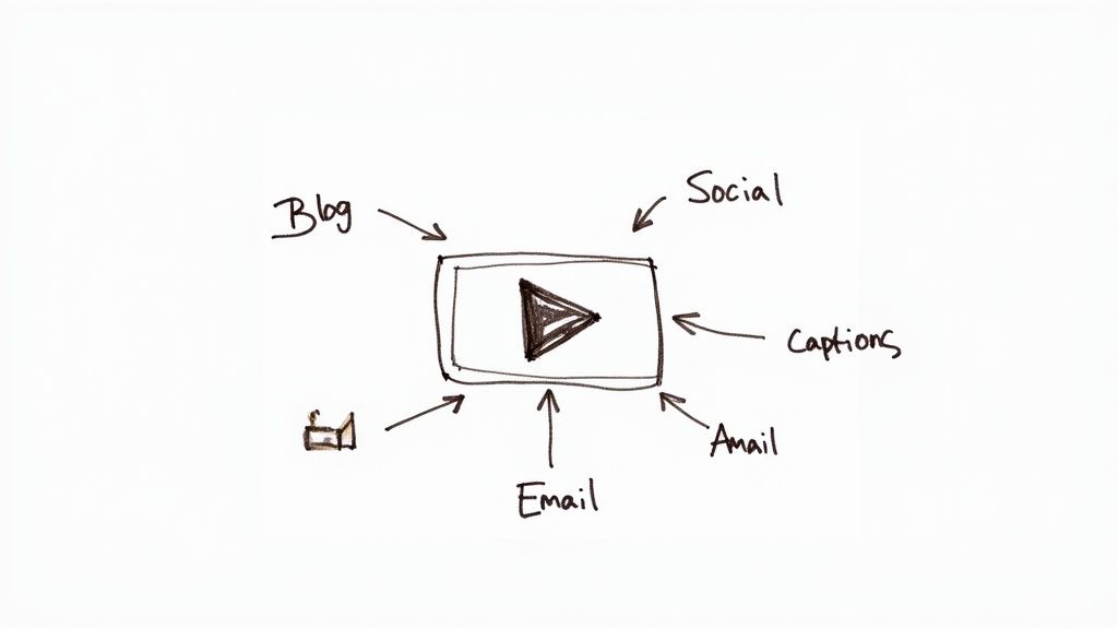 Hand-drawn diagram showing a video icon with arrows to Blog, Social, Captions, and Email for content repurposing.