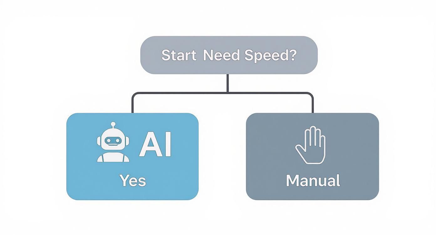 Flowchart asking 'Start Need Speed?' with two options: 'AI Yes' (robot icon) or 'Manual' (hand icon).