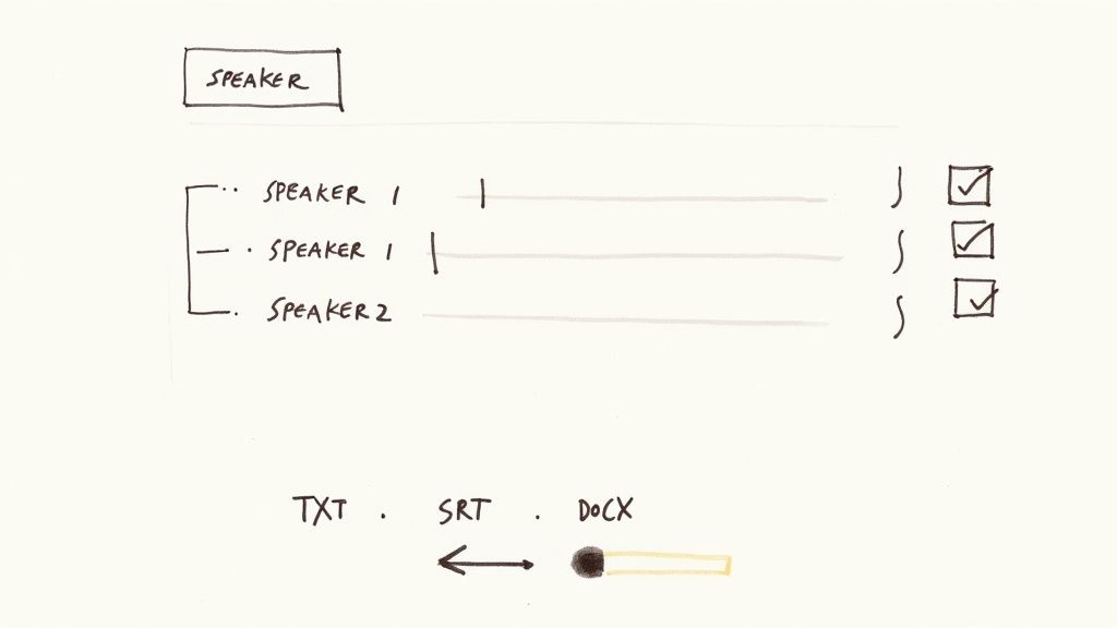 Hand-drawn diagram illustrating speaker identification, selection, and output format options for transcription.
