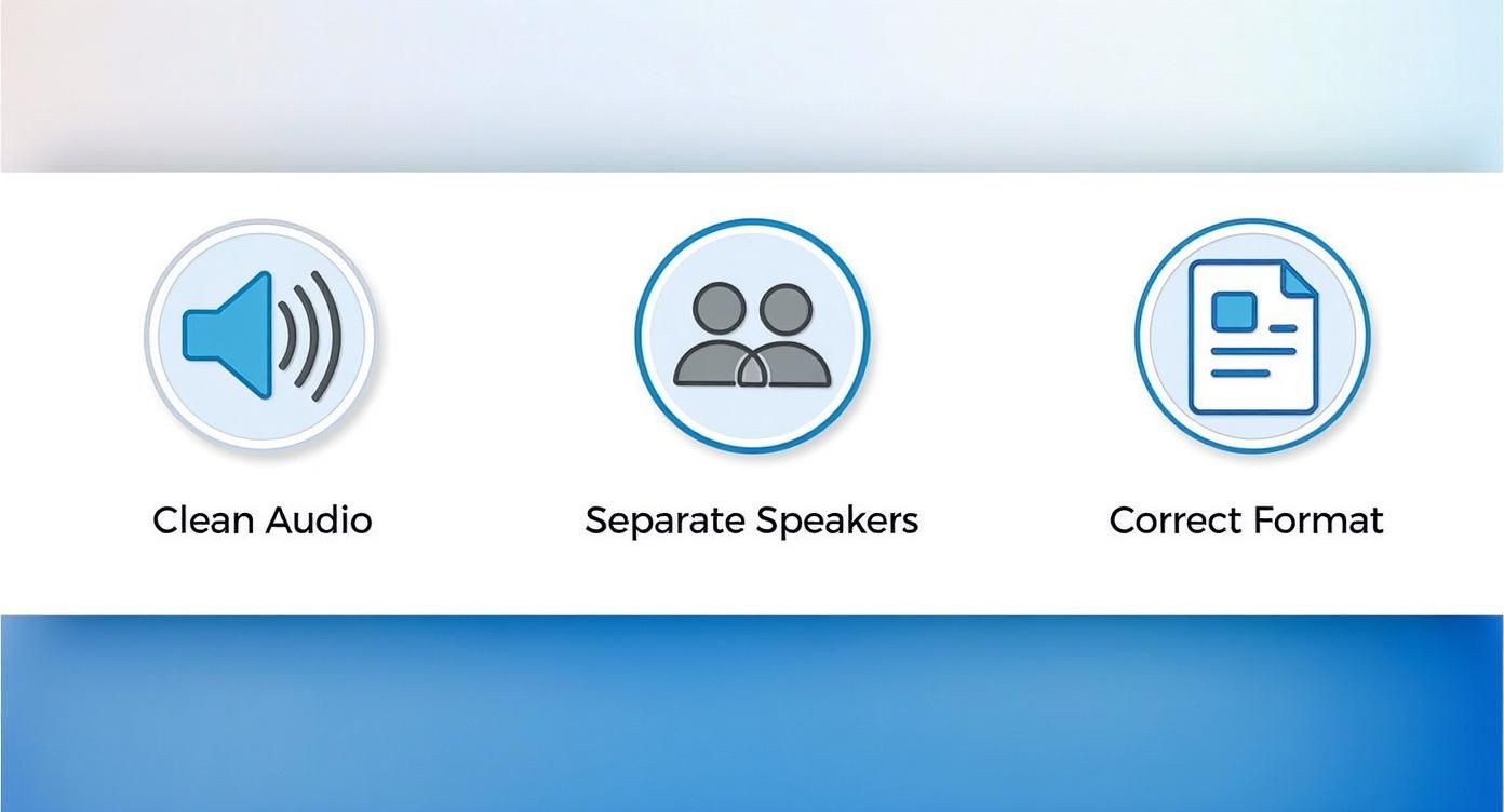 Three icons illustrating features: Clean Audio (speaker), Separate Speakers (people), and Correct Format (document).