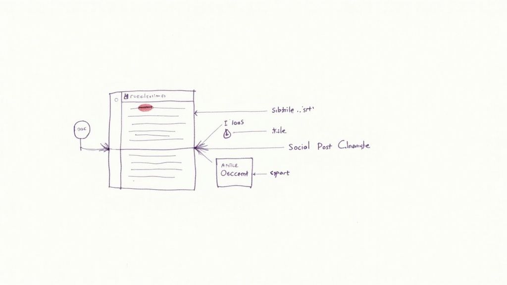 A hand-drawn diagram illustrates a file processing workflow related to subtitles and social media content.