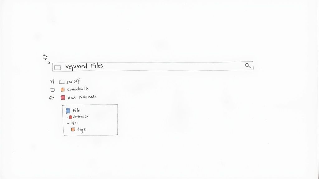 Hand-drawn sketch of a search bar labeled 'keyword Files' with filtering options below.