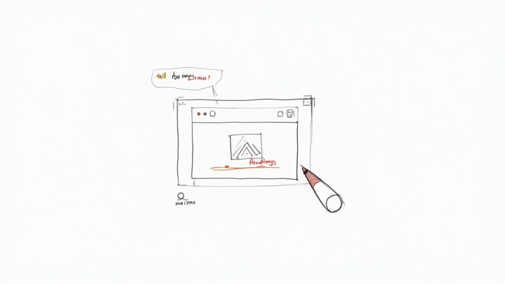 Hand-drawn sketch of a software window showing 'Recordings' text, a logo, and a pencil, with 'Still too rough!' speech bubble.