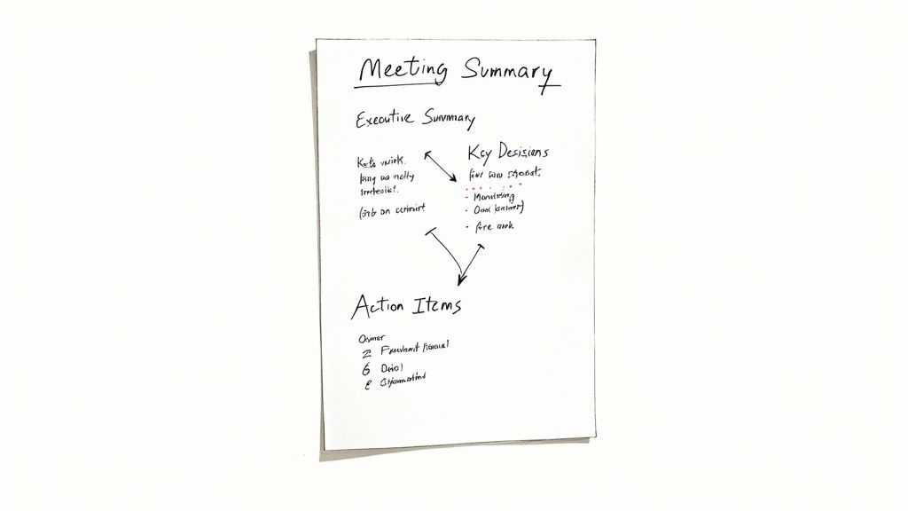 A handwritten meeting summary document with sections for executive summary, key decisions, and action items.