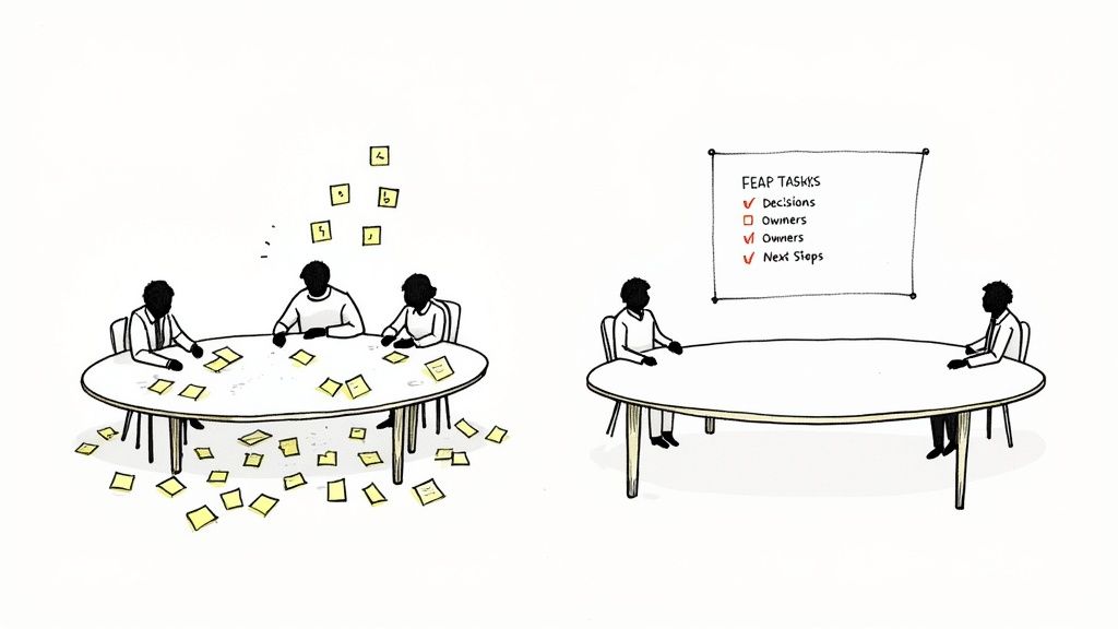 Comparison of two meeting styles: a messy sticky note brainstorming session versus an organized meeting with a checklist.