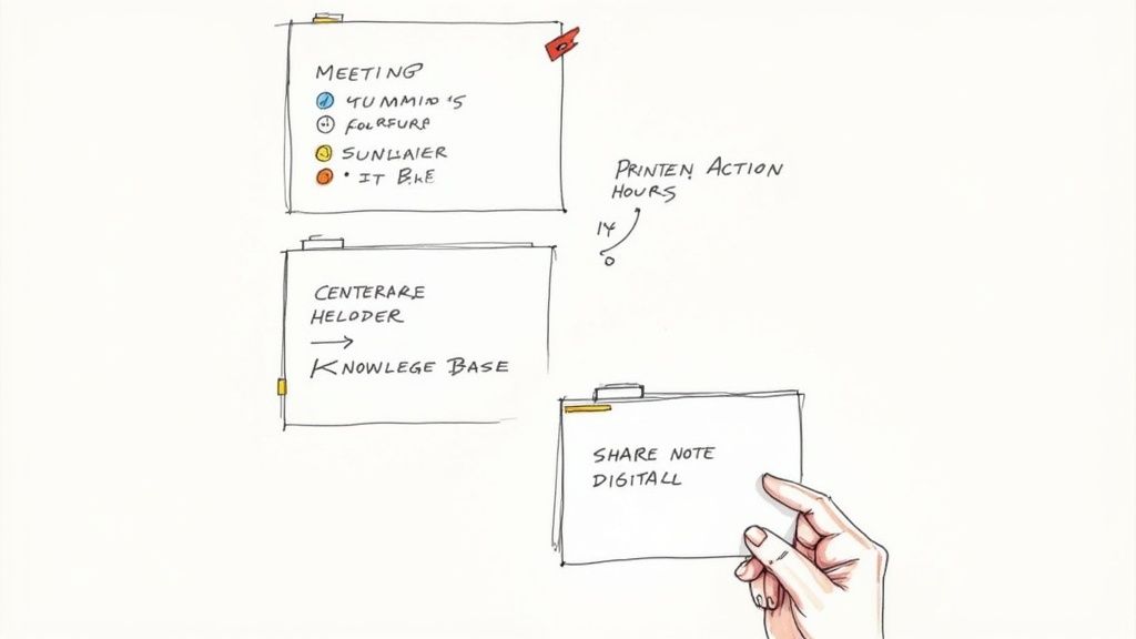 Hand-drawn whiteboard displaying meeting notes, tasks, and a digital sharing reminder, with a hand holding a card.