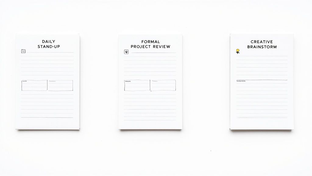 Three white notepads with headings: Daily Stand-up, Formal Project Review, and Creative Brainstorm.
