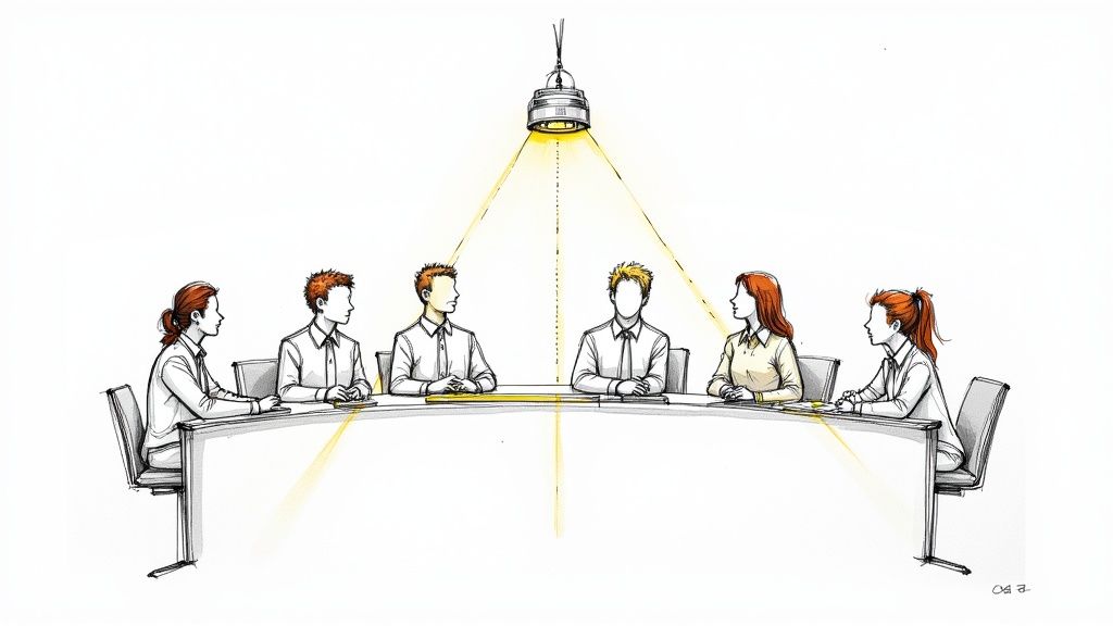 Illustration showing six people in a meeting, with a spotlight on three central participants.