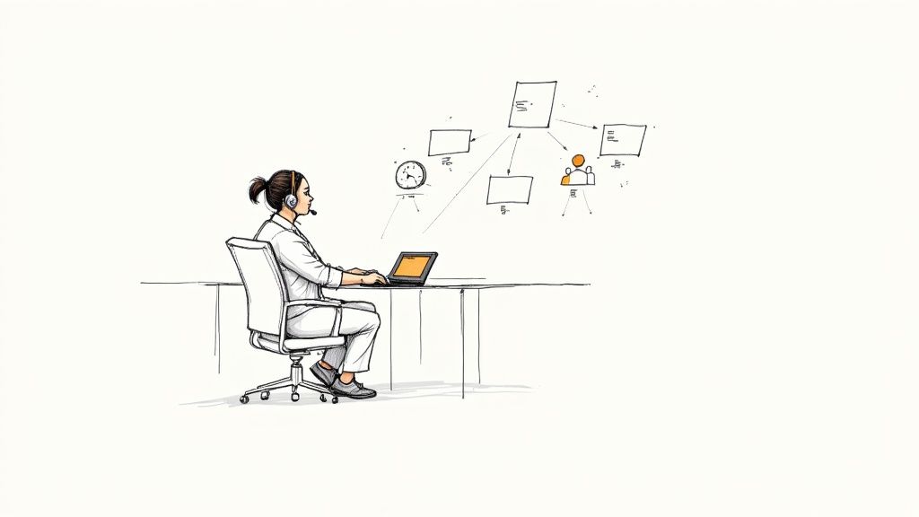 A woman in a headset works on a laptop, surrounded by diagrams of documents, time, and people, representing a connected workflow.