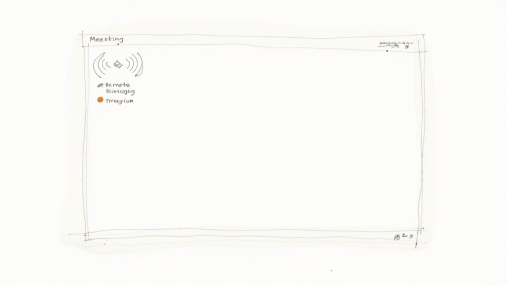 A conceptual sketch of a meeting layout, indicating remote participants and recording functionality.