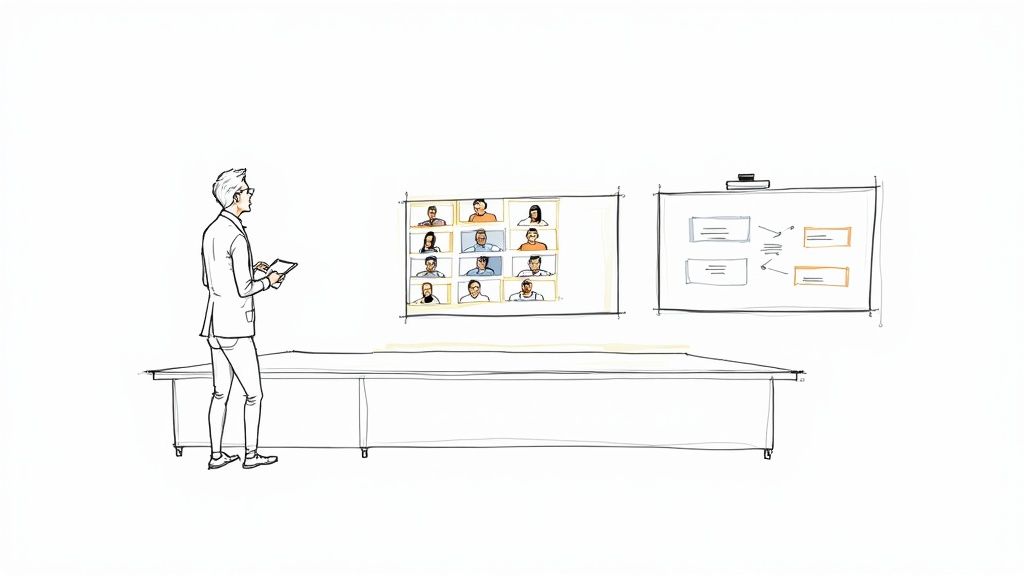 Illustration of a businessperson presenting in a hybrid meeting, with a video conference and diagram on wall screens.