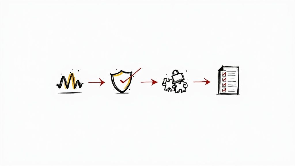 A linear diagram illustrating a process from data input, through security and integration, to compliance document with checkmarks.