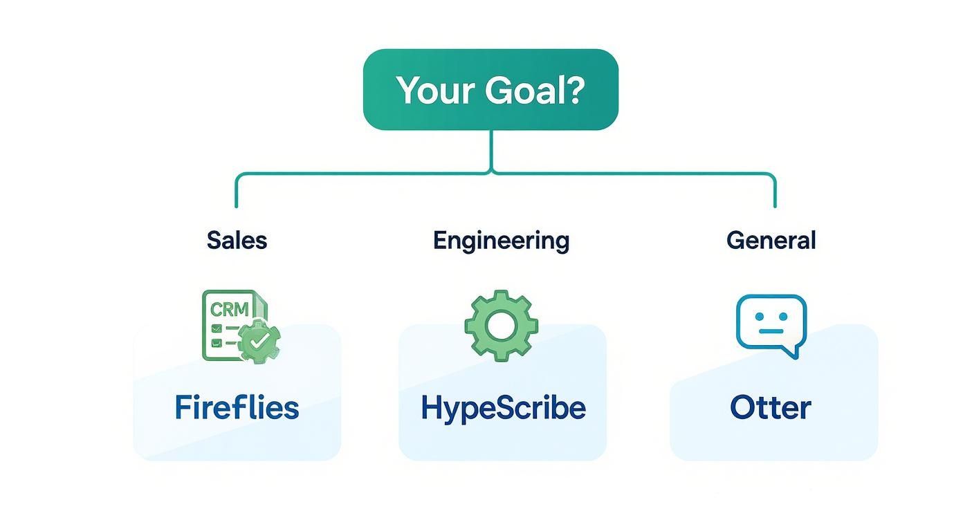 Flowchart suggesting Fireflies for Sales, HypeScribe for Engineering, and Otter for General meeting transcription.